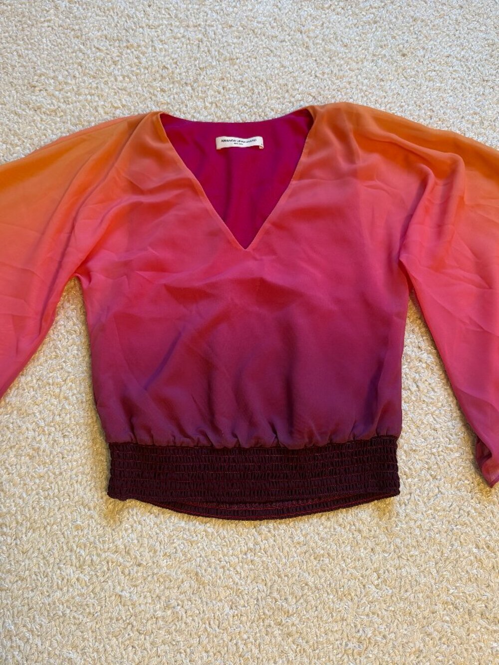 Amanda Uprichard Ombre Chiffon Top Bell Sleeve Smocked Waist Orange Pink XS